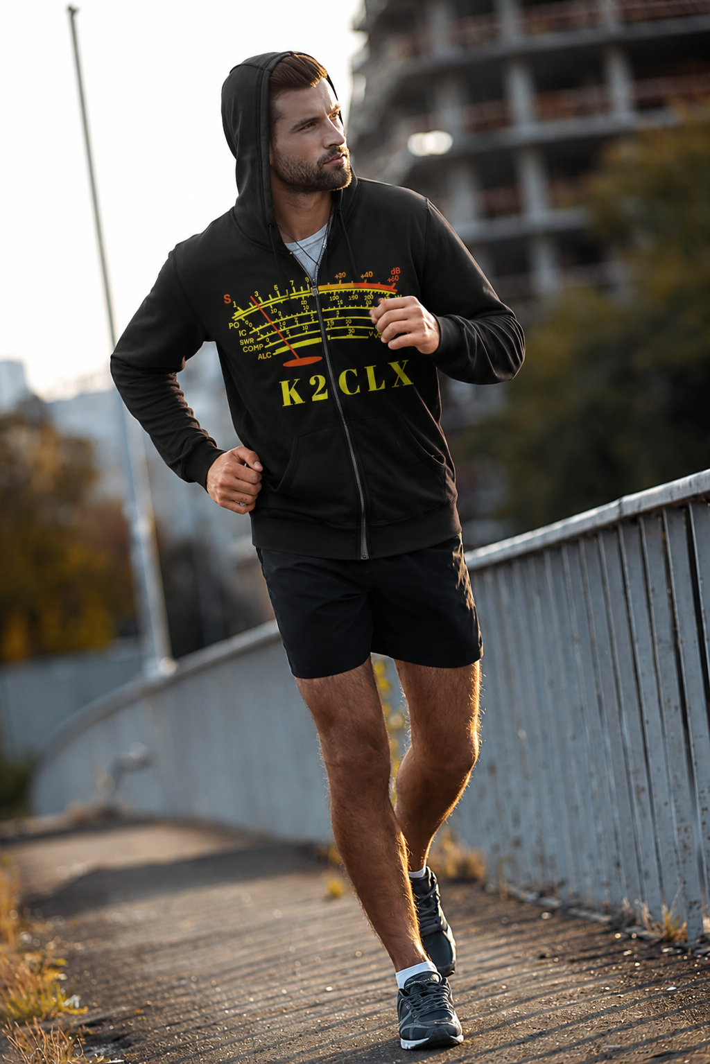 on model - personalized Ham Radio Full Zip Hoodie featuring custom amateur radio call sign and S-Meter design