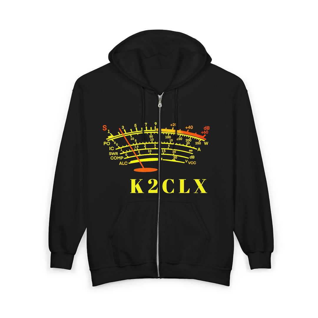Personalized Ham Radio Full Zip Hoodie featuring custom amateur radio call sign and S-Meter design