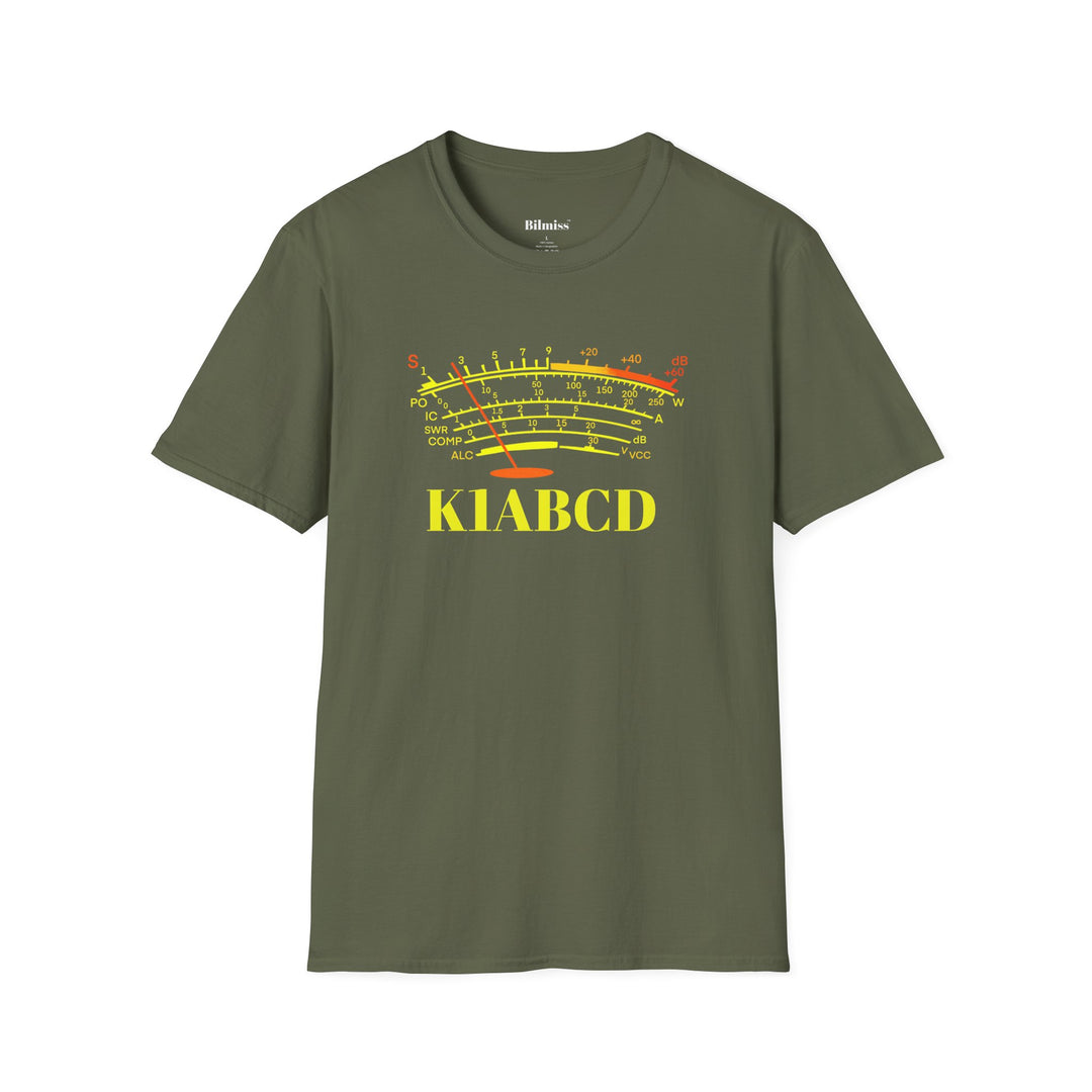 Personalized Ham Radio S-Meter T-Shirt with custom amateur radio callsign and classic signal meter design.