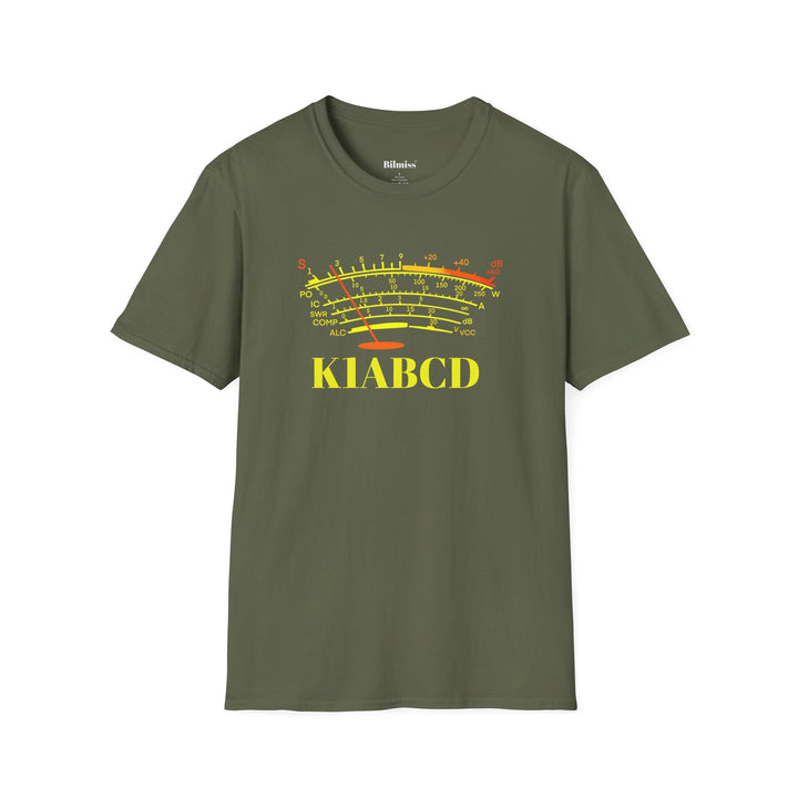 Personalized Ham Radio S-Meter T-Shirt with custom amateur radio callsign and classic signal meter design.