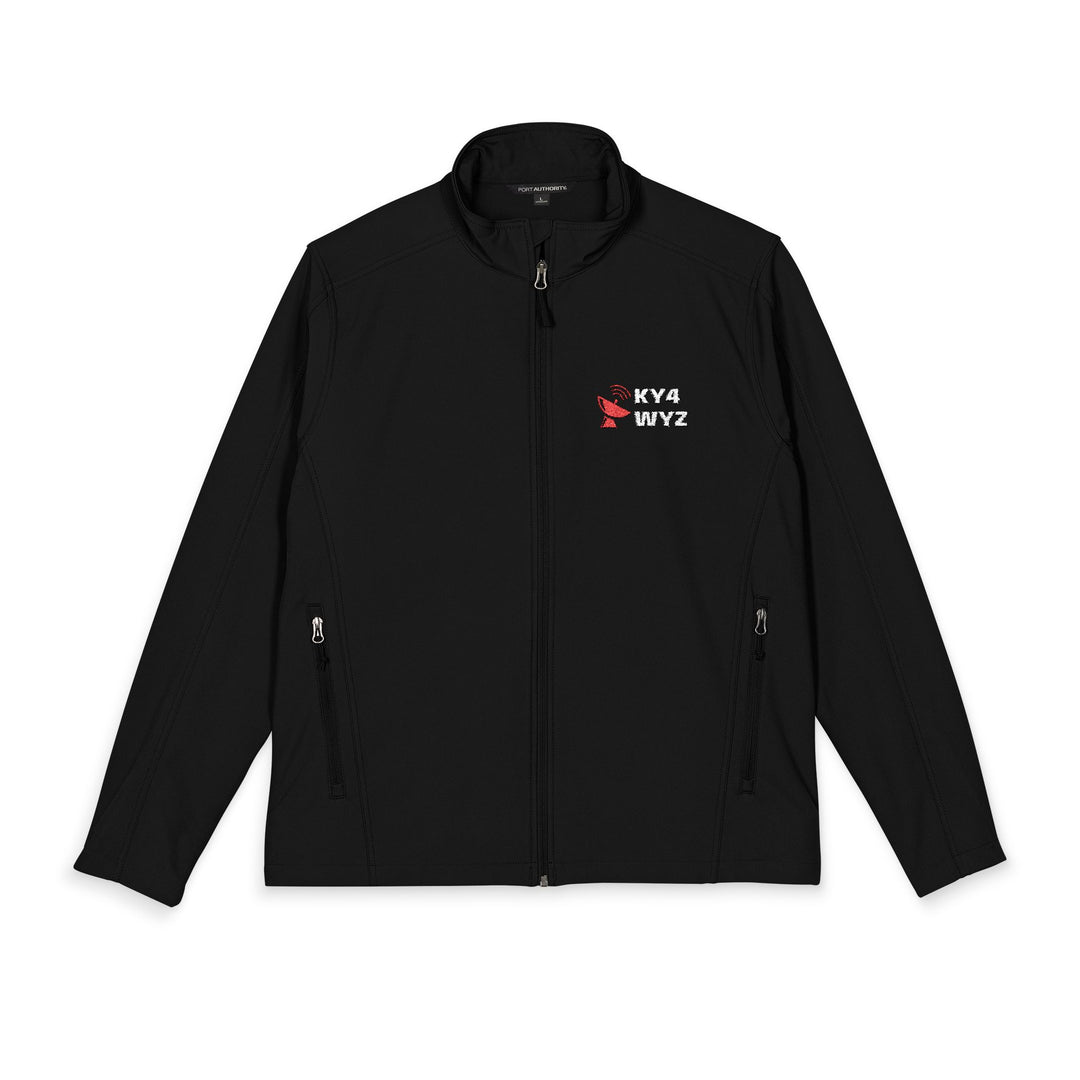 Personalized ham radio soft shell jacket embroidered with a licensed amateur radio callsign and antenna design.