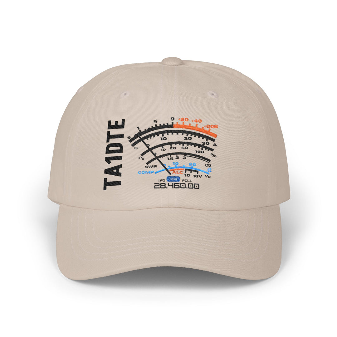 Personalized ham radio dad hat embroidered with custom amateur radio callsign and classic SW meter design.