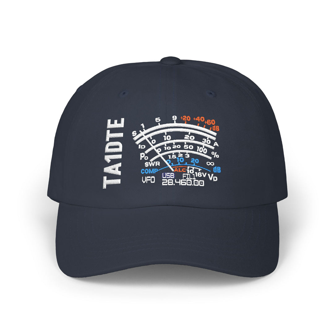 Personalized ham radio hat with custom callsign and embroidered SW meter design