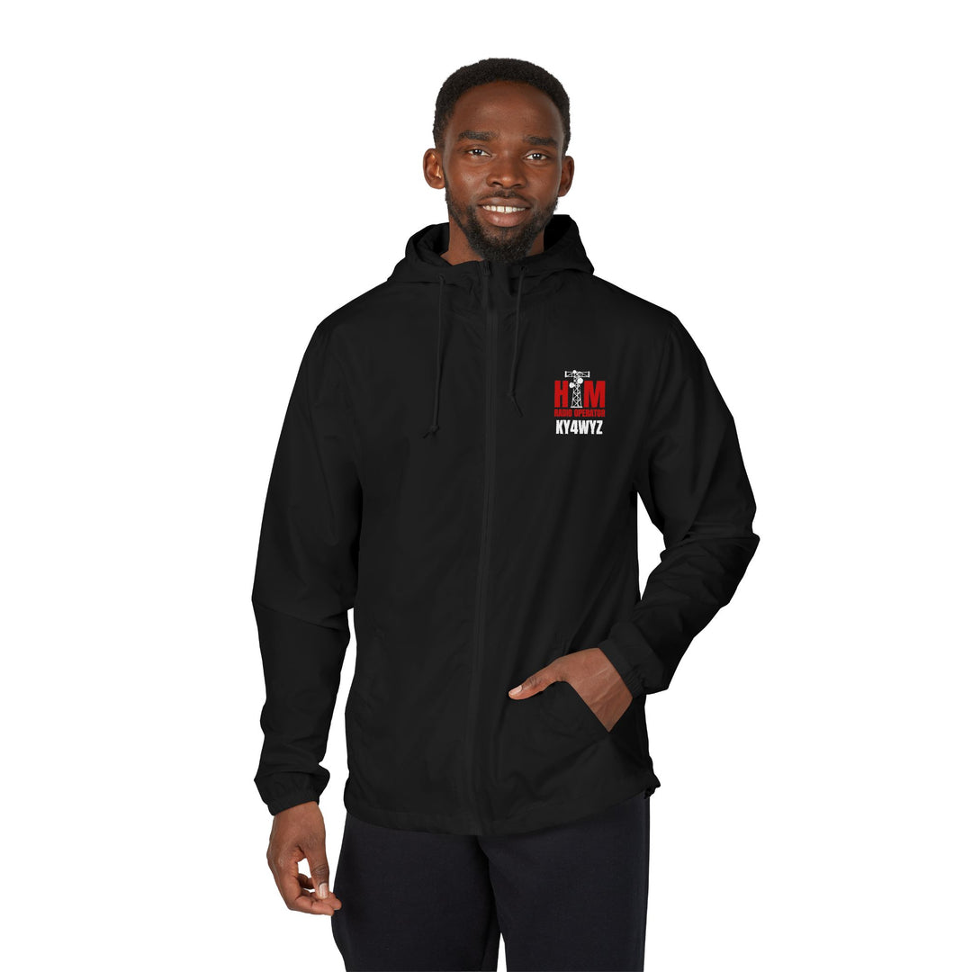 Personalized ham radio windbreaker jacket with custom call sign and antenna design on model