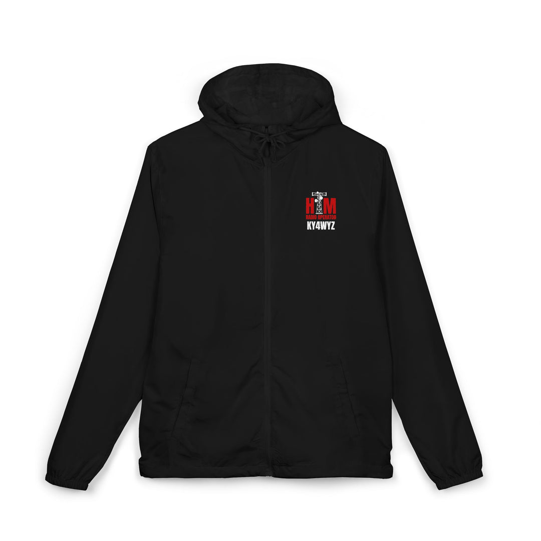 Personalized ham radio windbreaker jacket with custom call sign and antenna design