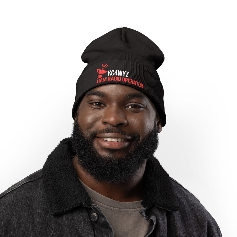 Personalized ham radio winter beanie with embroidered callsign for POTA, SOTA, hamfests, and everyday wear.