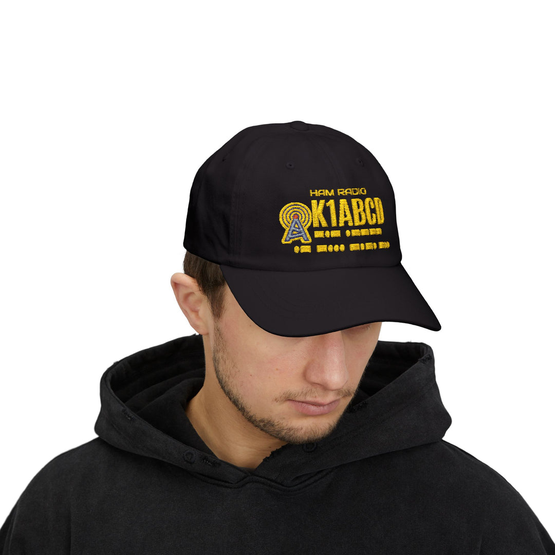 Personalized embroidered ham radio dad hat featuring a custom callsign, authentic Morse code, and radio tower graphic on model.