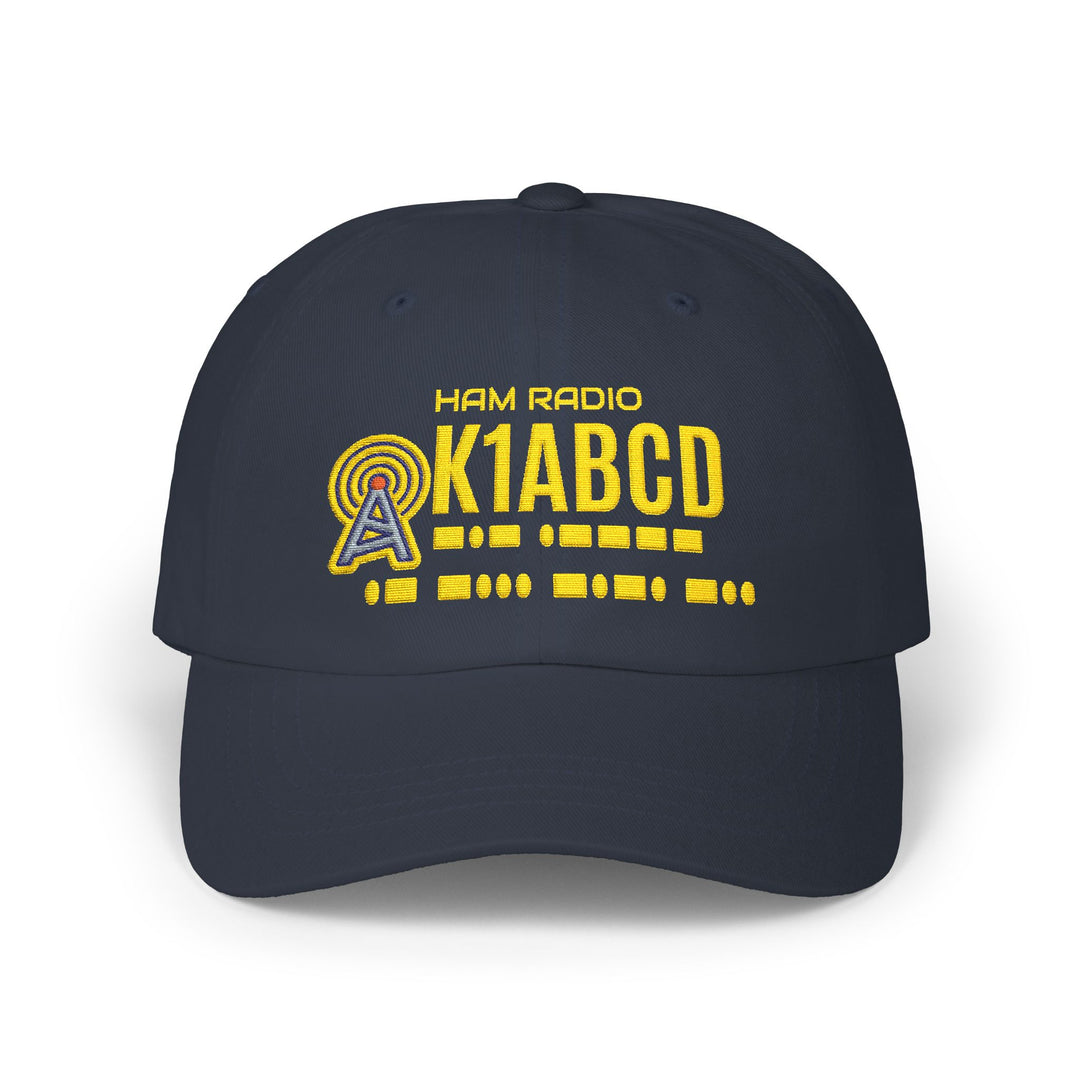 Personalized embroidered ham radio dad hat featuring a custom callsign, authentic Morse code, and radio tower graphic.