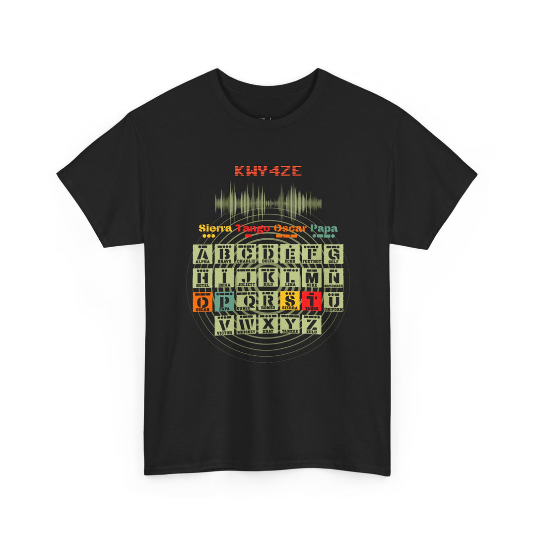 Personalized ham radio T-shirt with custom callsign Morse code and phonetic alphabet design