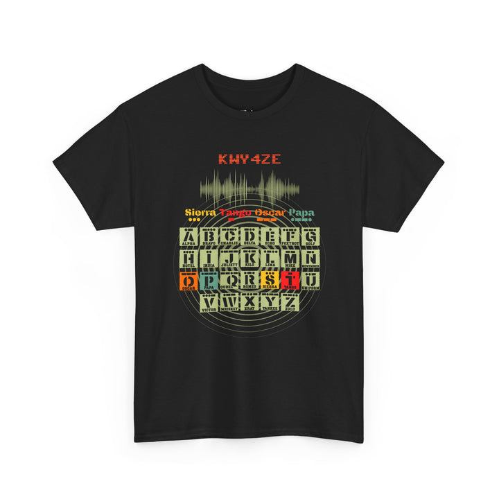 Personalized ham radio T-shirt with custom callsign Morse code and phonetic alphabet design