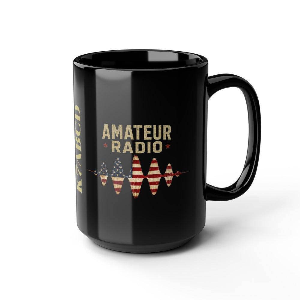 Personalized ceramic ham radio mug featuring a licensed amateur radio callsign and patriotic American flag waveform artwork.