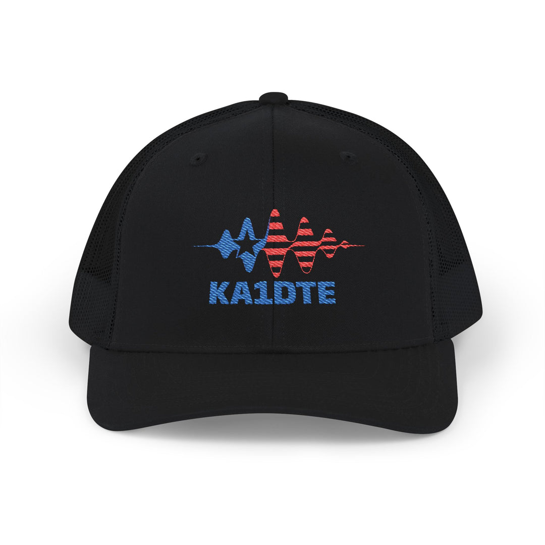 Personalized Richardson 112 ham radio hat with custom embroidered amateur radio callsign on black trucker cap.