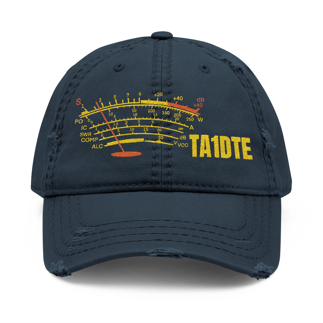 Personalized SWR meter distressed dad hat embroidered with a custom amateur radio callsign-navy color