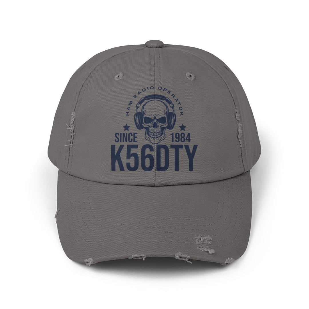 Vintage distressed ham radio hat personalized with a licensed amateur radio callsign and licensed since year.