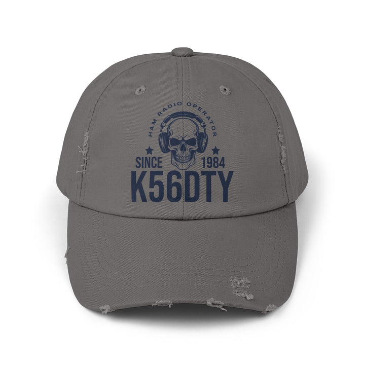 Vintage distressed ham radio hat personalized with a licensed amateur radio callsign and licensed since year.