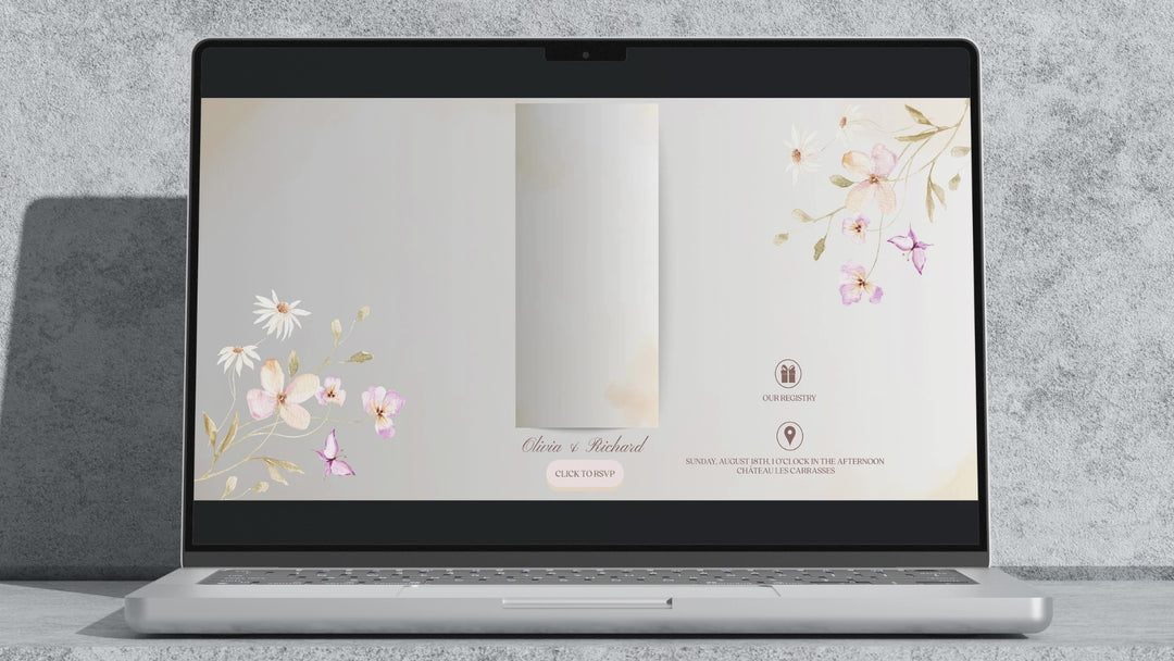 HD floral wedding video invitation by Bilmiss – animated watercolor flowers, elegant script names, and modern event webpage integration.