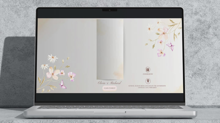 HD floral wedding video invitation by Bilmiss – animated watercolor flowers, elegant script names, and modern event webpage integration.