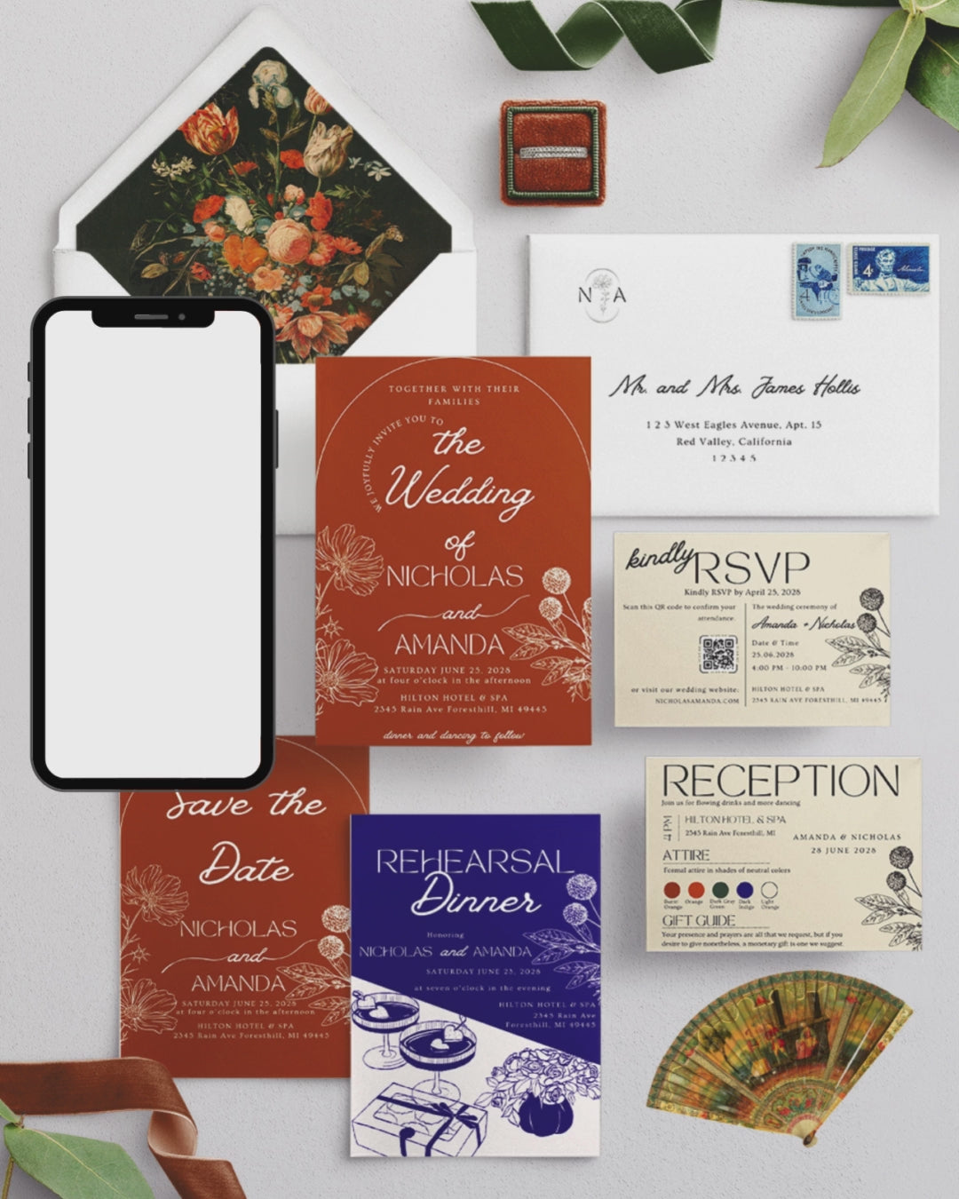 Boho Burnt Orange Invitation Suite for Modern Weddings with animated invite