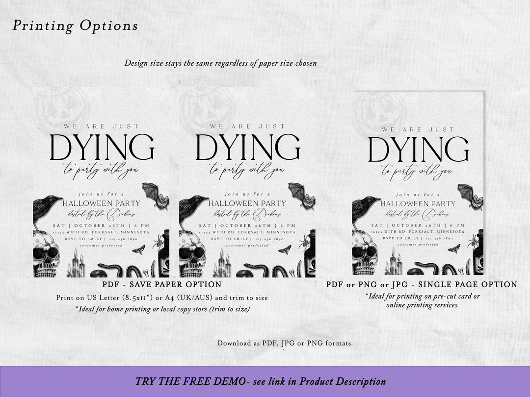 Halloween party invitation with text and graphics on a white background