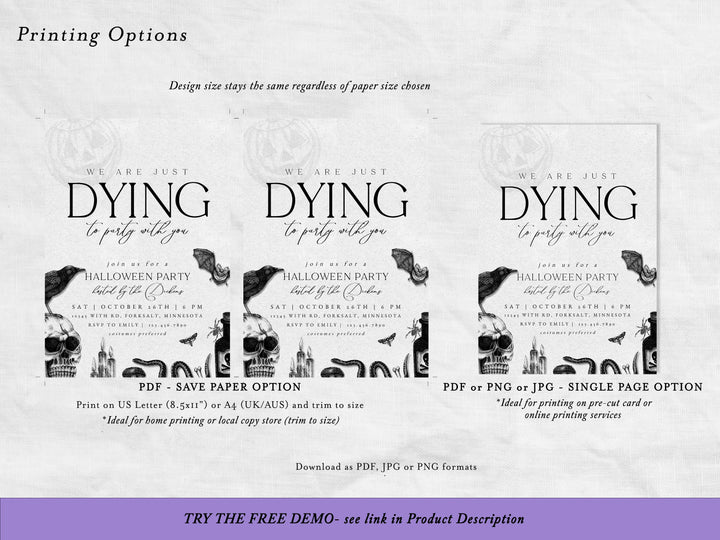 Halloween party invitation with text and graphics on a white background