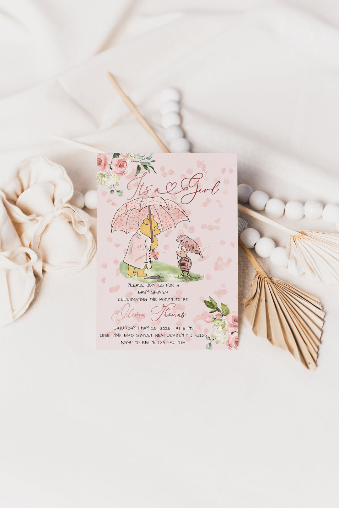 Preview of printed Winnie the Pooh invitation for baby girl shower