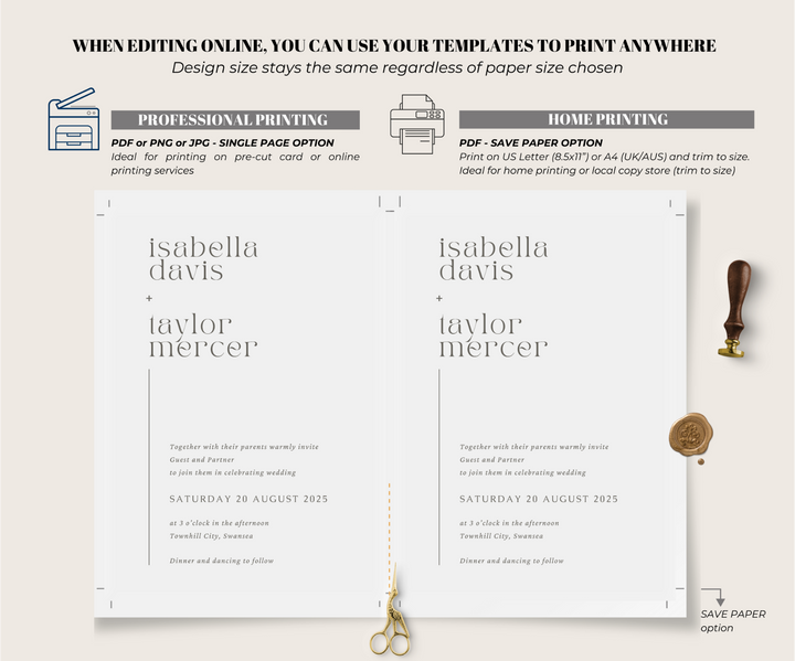How to print and printing options minimalist modern wedding invite set