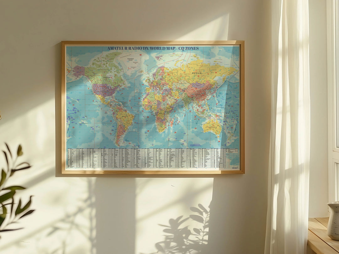 Ham Radio DX World Map Poster – CQ Zones &amp; DXCC Prefix Reference Wall Art