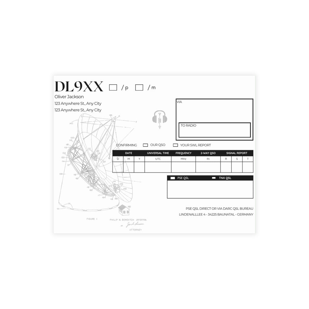 Ham radio qsl card with radio telescope design - backside