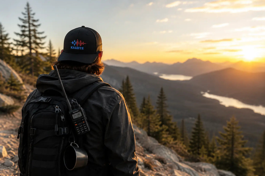 A person seen from behind wearing a black ham radio American flag wave sign baseball cap with a blue 'KA1DTE' callsign, a black backpack, and a black jacket, standing on a mountain ridge at sunset with a lake and pine forests in the background.