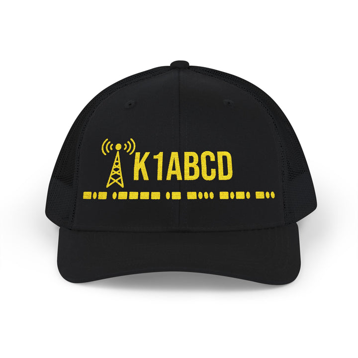 Premium Richardson 112 trucker hat embroidered with a personalized amateur radio callsign and authentic International Morse Code.