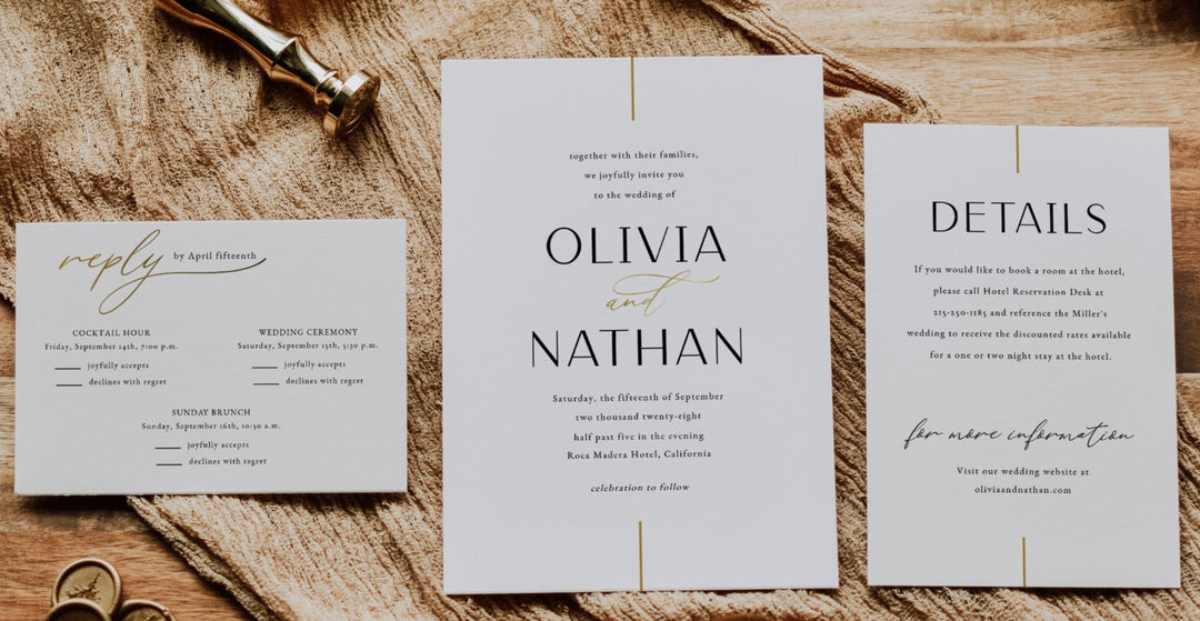 Elegant simple minimalist wedding invitation template. Instantly downloadable and editable - perfect set for modern couples planning a stylish wedding by Bilmiss Paperie.