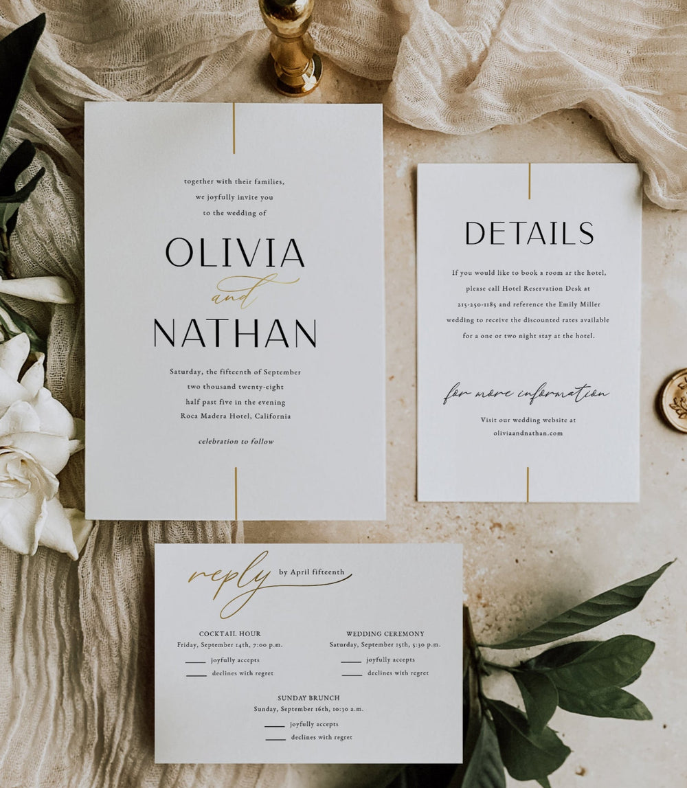 Modern minimalist wedding invitation set with elegant clean gold line design