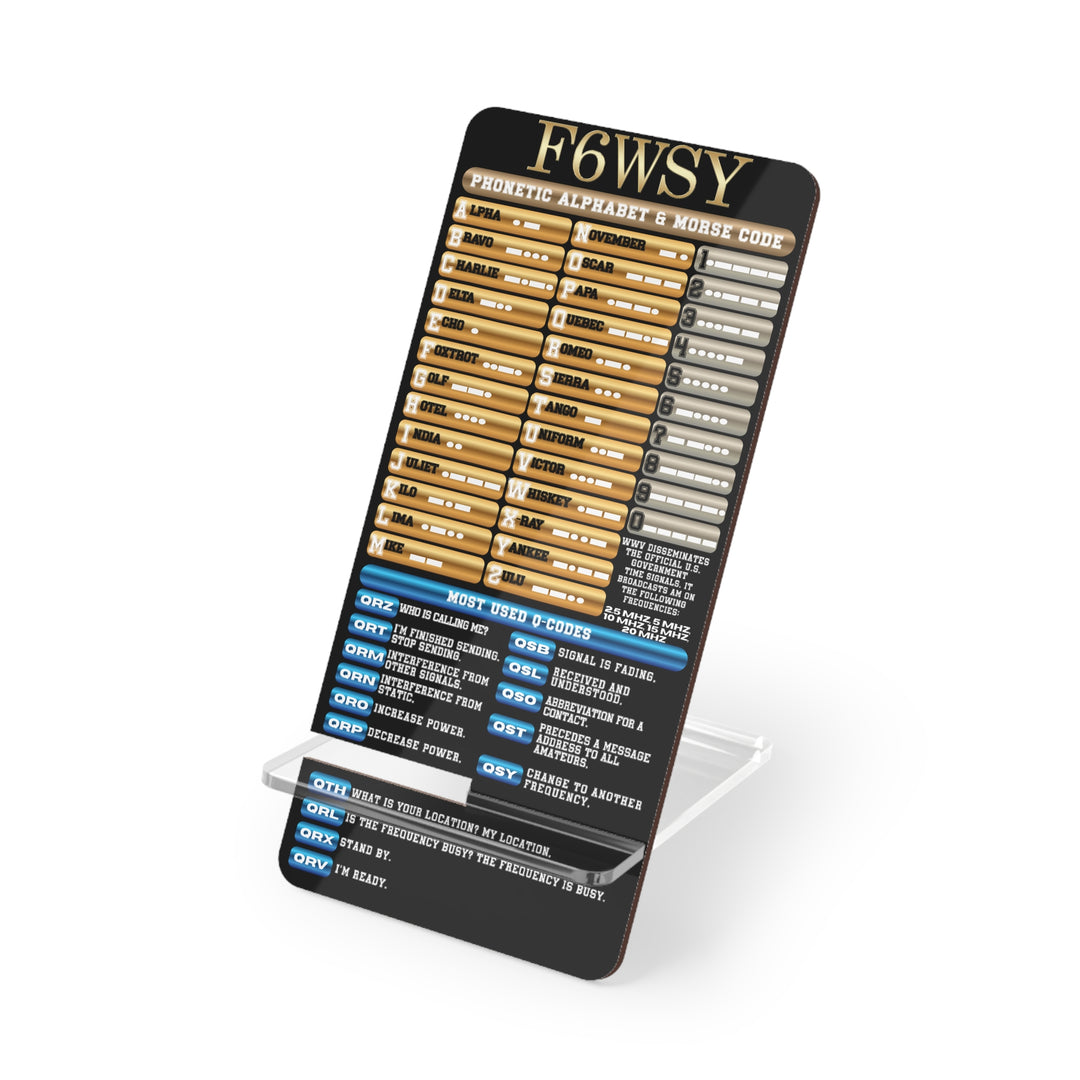 Smartphone Stand Custom Call Sign Ham Radio Reference Chart - Phonetic, Morse Code & Q-Codes Create the perfect ham radio gift that can double as functional desk decor or a traveling companion for mobile browsing for the amateur radio operators.
