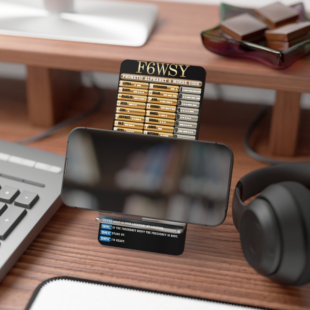 Ham Radio custom call sign mobile phone desk stand with morse code and q-codes