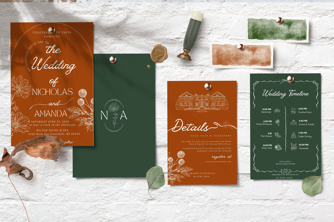 Editable Burnt Orange Wedding Bundle — 5×7” Printable Templates