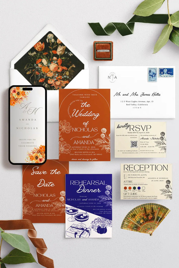 Burnt Orange Wedding Invitation Set - Minimalia Paperie Terracotta Canva Invite