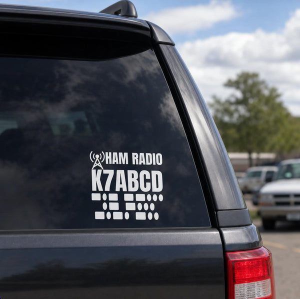 Personalized ham radio vinyl decal featuring a licensed amateur radio callsign and its Morse code applied to a vehicle.