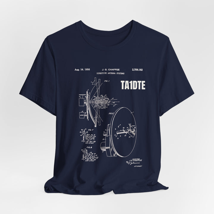 Close-up of the personalized antenna blueprint artwork and custom callsign printed on a ham radio T-shirt.