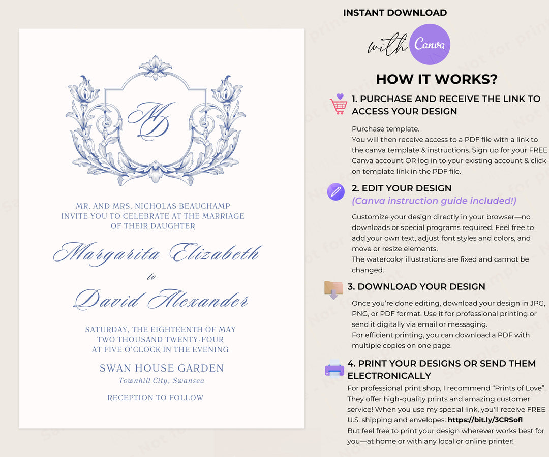 vintage wedding invite step by step how it works instructions with canva template