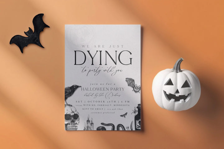 Halloween party invitation with decorative elements on an orange background