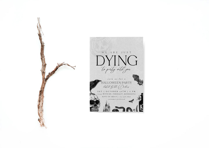 Halloween party invitation with black text and black and white decorations, next to a branch on a white background