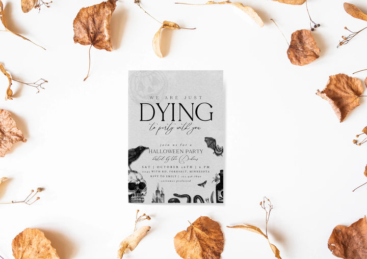 Halloween party invitation with autumn leaves on a white background