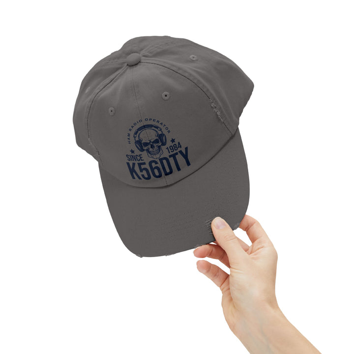 Personalized vintage ham radio skull hat for Field Day, hamfests, POTA, and licensed amateur radio operators.