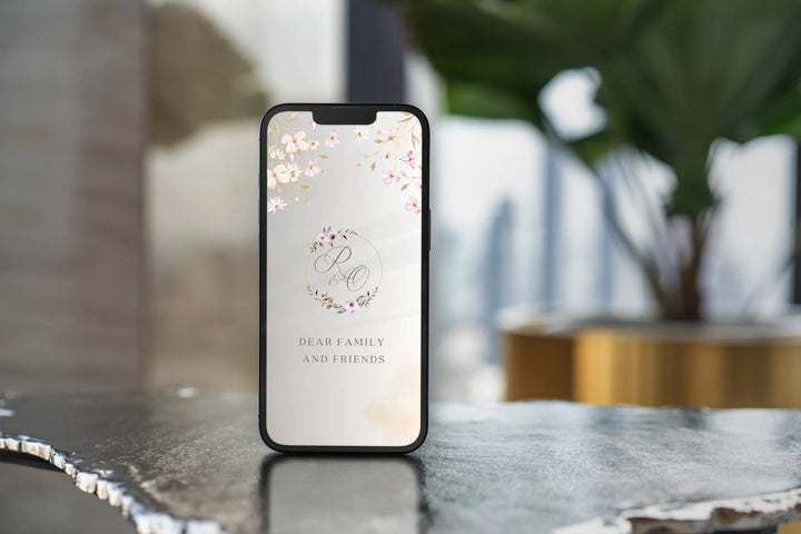 Floral animated wedding invitation video e-card with watercolor flowers and elegant typography