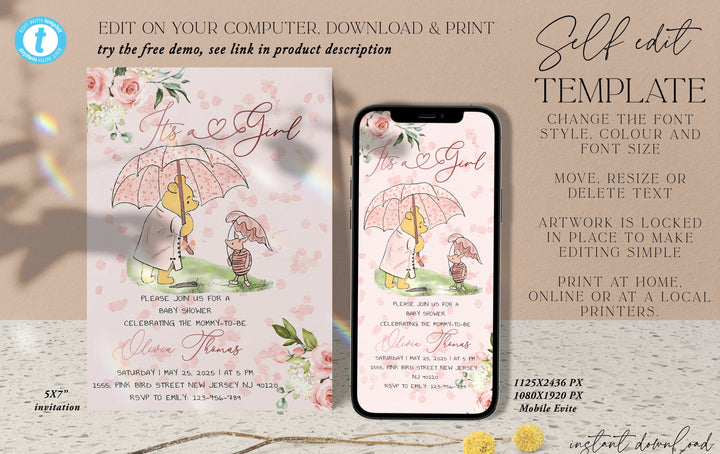 Editable Winnie The Pooh Baby Shower Invitation, Pink Winnie The Pooh Invitation, Digital Invitation Its a Girl, Pooh Printable Template