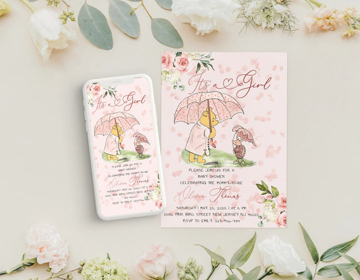 Editable Winnie The Pooh Baby Shower Invitation, Pink Winnie The Pooh Invitation, Digital Invitation Its a Girl, Pooh Printable Template