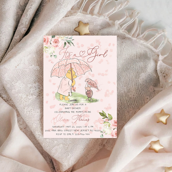 Welcome your baby girl with this adorable Classic Winnie the Pooh themed editable baby shower invitation template. Featuring soft pink florals and a nostalgic storybook style, this editable and printable invitation template brings a charming vintage touch to your special celebration.