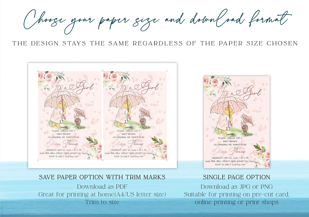 Design of a girl with an umbrella and text, with options for paper size and download formats on a white background.