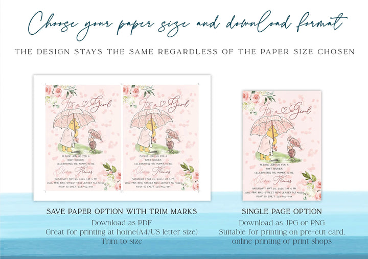 Design of a girl with an umbrella and text, with options for paper size and download formats on a white background.