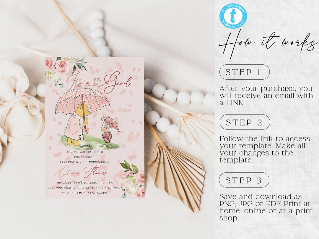 Baby shower invitation card with floral design and text, surrounded by decorative elements on a light background.